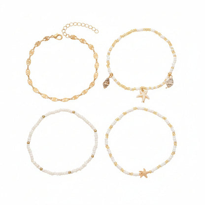 White Howlite & Acrylic Shell Goldtone Starfish Charm Stretch Anklet Set - Street Region