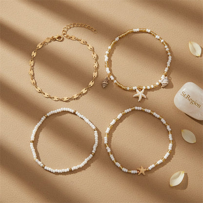 White Howlite & Acrylic Shell Goldtone Starfish Charm Stretch Anklet Set - Street Region