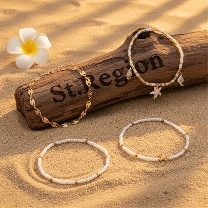 White Howlite & Acrylic Shell Goldtone Starfish Charm Stretch Anklet Set - Street Region