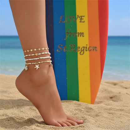 White Howlite & Acrylic Shell Goldtone Starfish Charm Stretch Anklet Set - Street Region