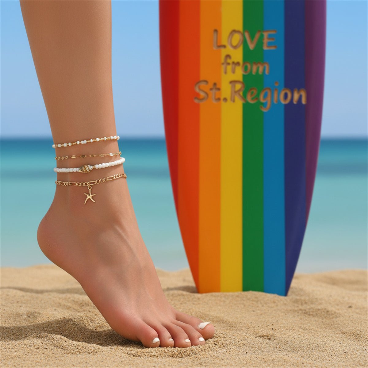 White Howlite & Shell Acrylic Goldtone Starfish Charm Anklet Set - Street Region