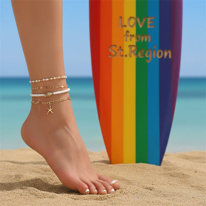 White Howlite & Shell Acrylic Goldtone Starfish Charm Anklet Set - Street Region