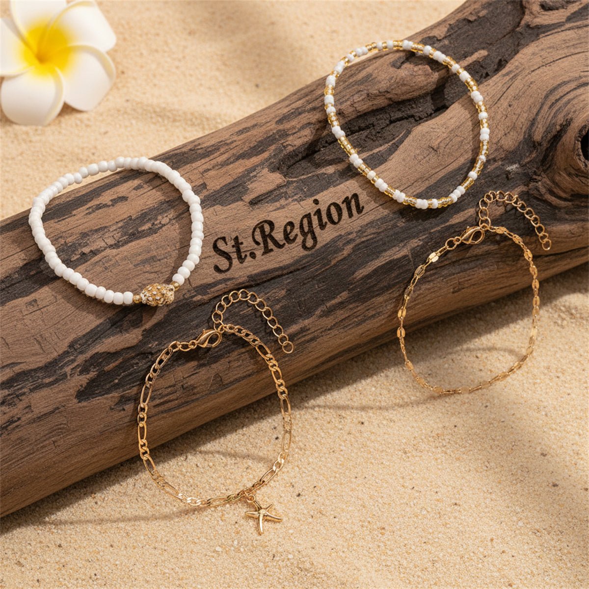 White Howlite & Shell Acrylic Goldtone Starfish Charm Anklet Set - Street Region