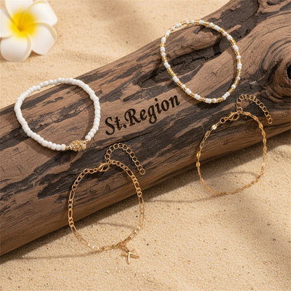 White Howlite & Shell Acrylic Goldtone Starfish Charm Anklet Set - Street Region