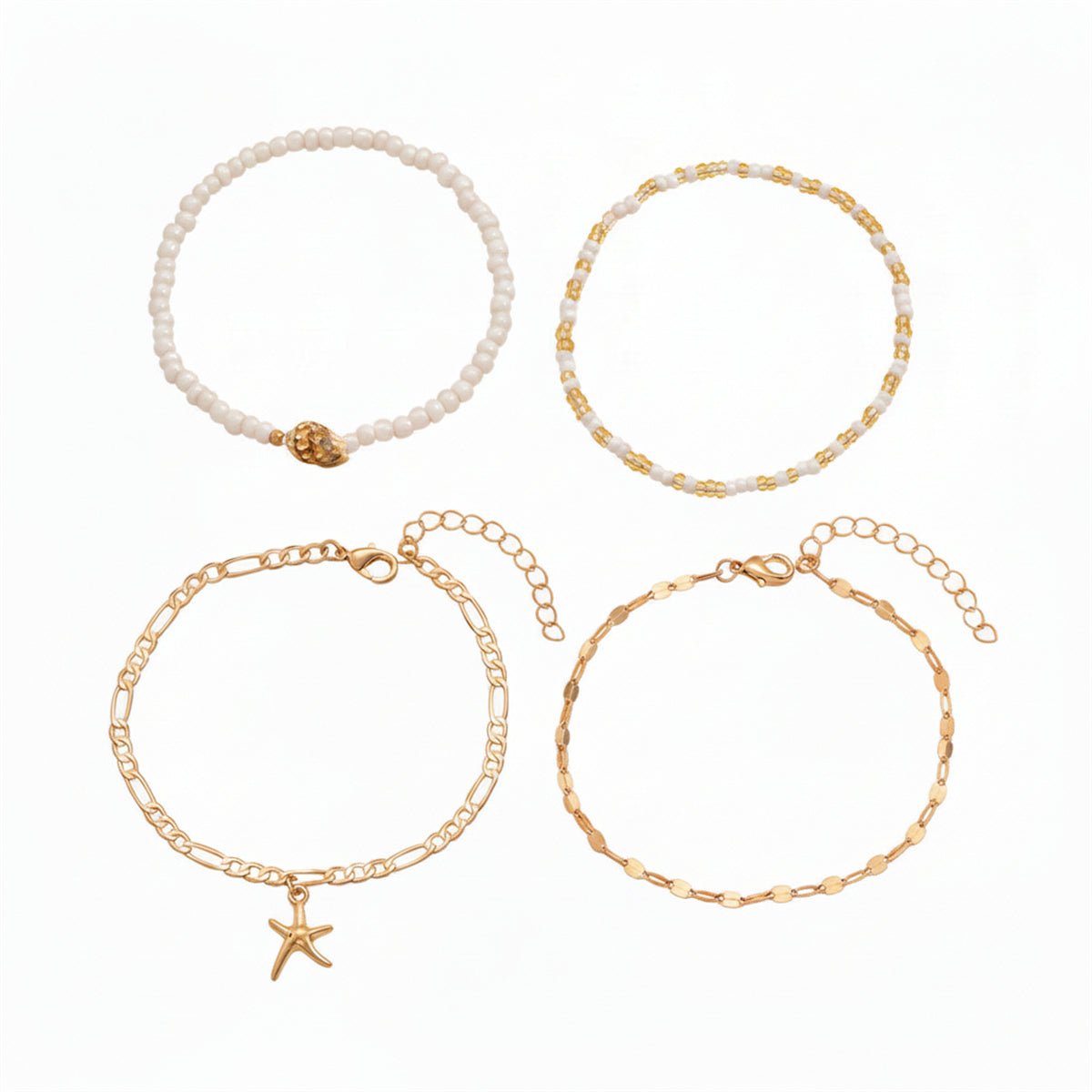 White Howlite & Shell Acrylic Goldtone Starfish Charm Anklet Set - Street Region