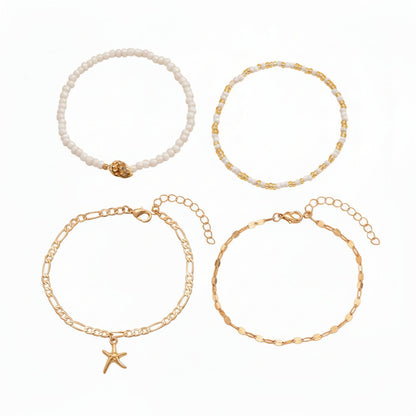 White Howlite & Shell Acrylic Goldtone Starfish Charm Anklet Set - Street Region