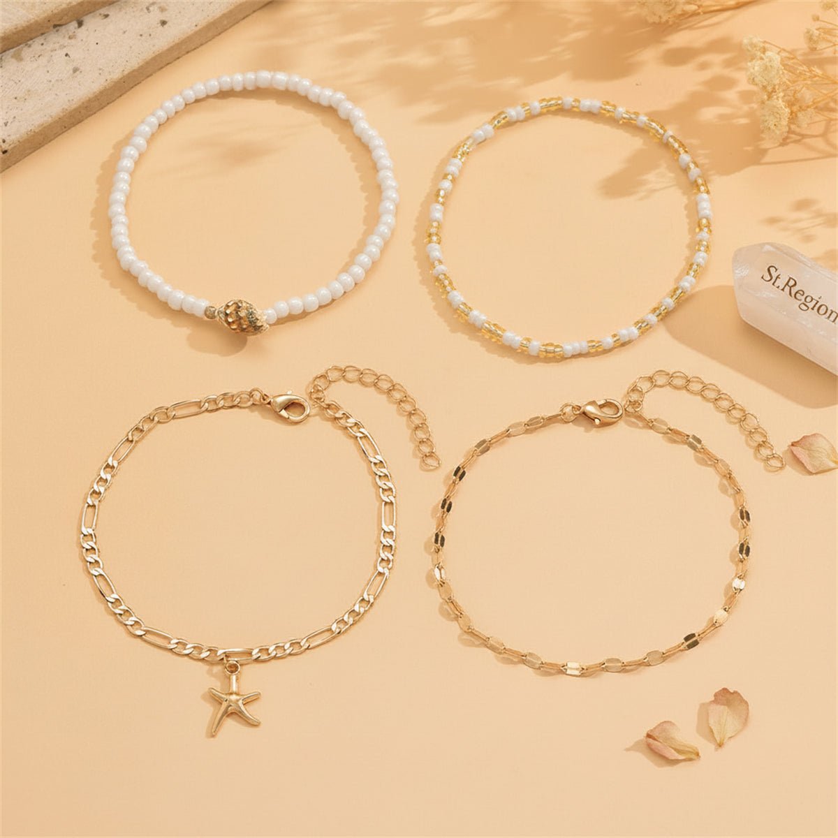 White Howlite & Shell Acrylic Goldtone Starfish Charm Anklet Set - Street Region