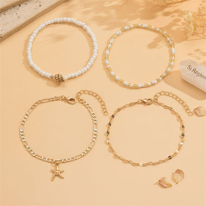 White Howlite & Shell Acrylic Goldtone Starfish Charm Anklet Set - Street Region
