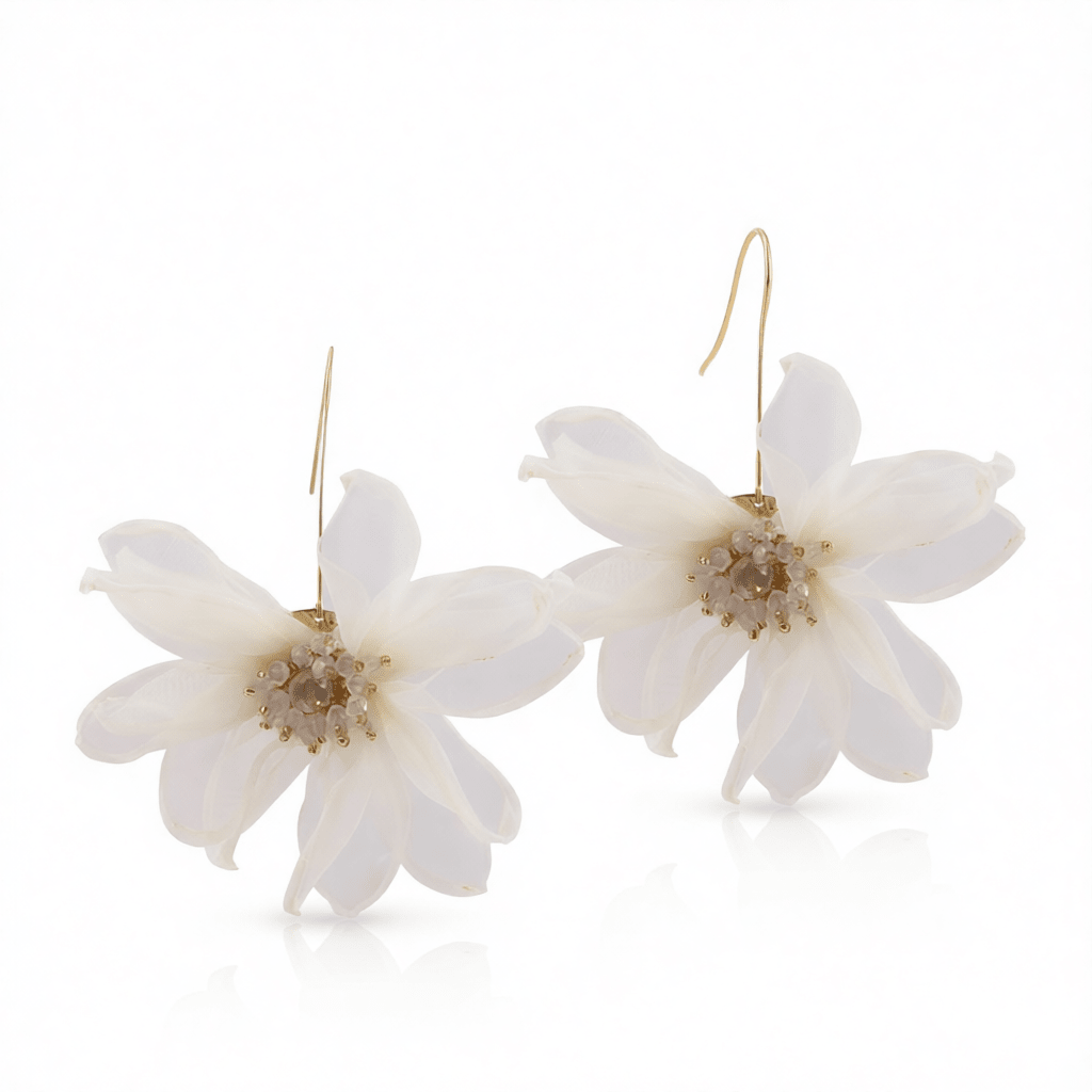 White Polyster and Acrylic Goldtone Flower Huggie Earring, gold drop earrings for women, dainty minimalist design, side view