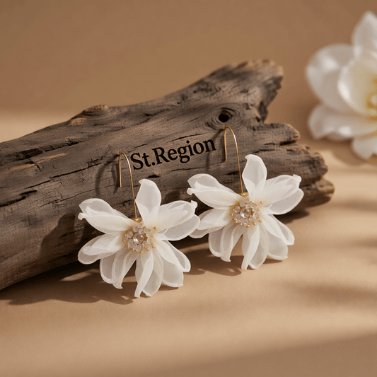 White Polyster & Acrylic Goldtone Flower Huggie Earring