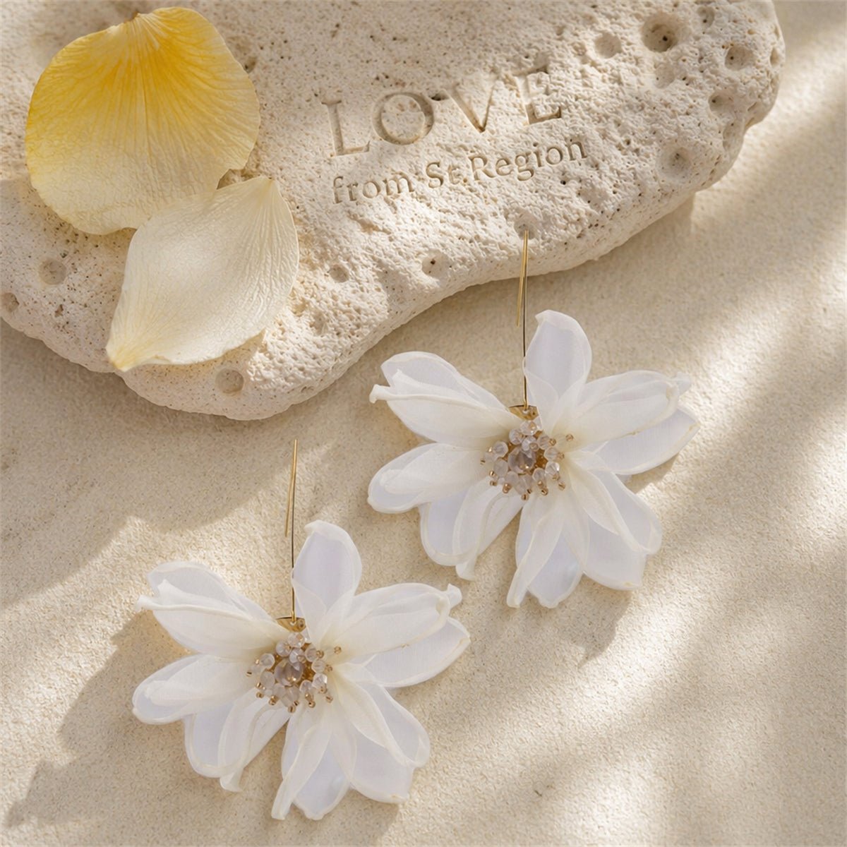 White Polyster and Acrylic Goldtone Flower Huggie Earring, gold drop earrings for women, lifestyle look