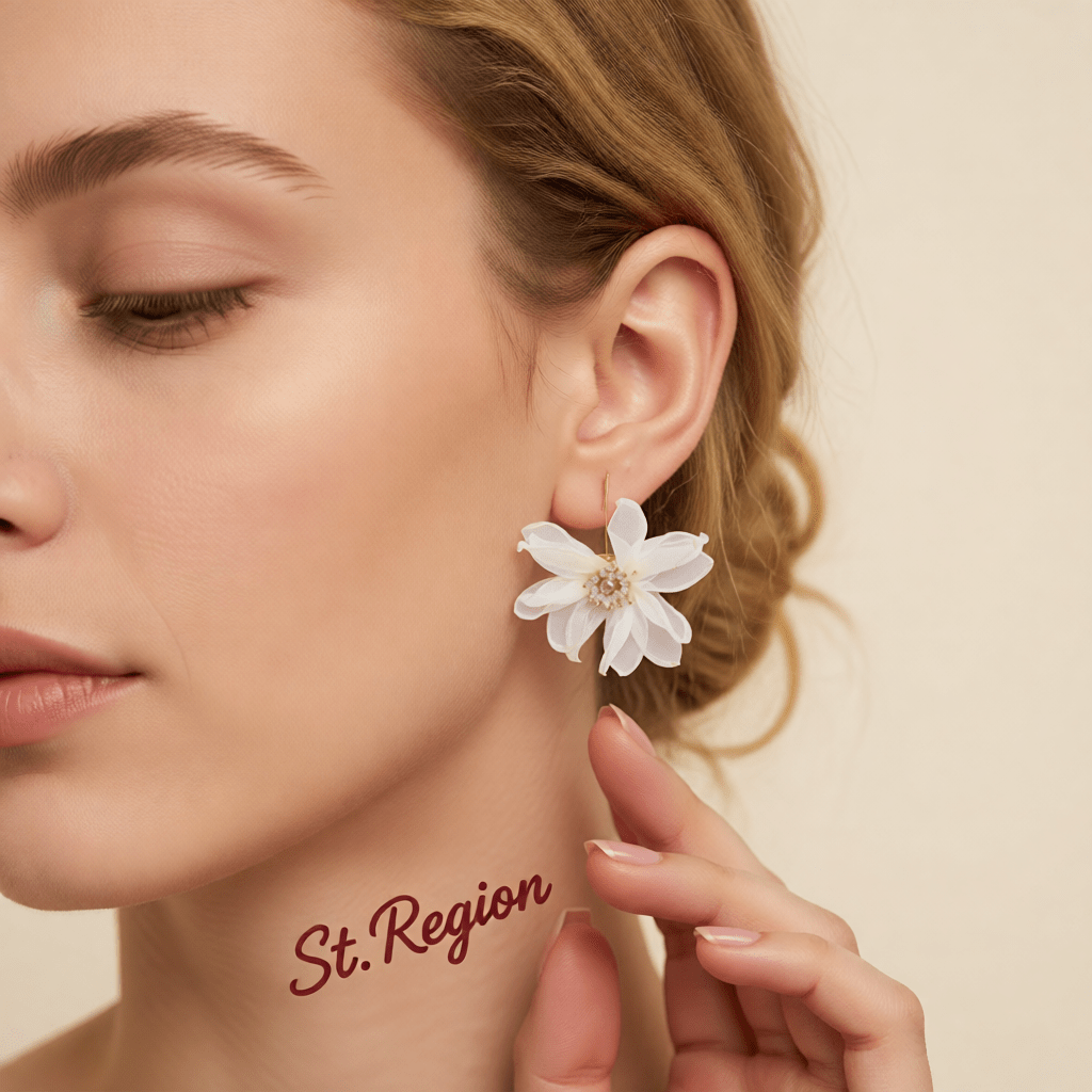 White Polyster and Acrylic Goldtone Flower Huggie Earring, gold drop earrings for women, styled look