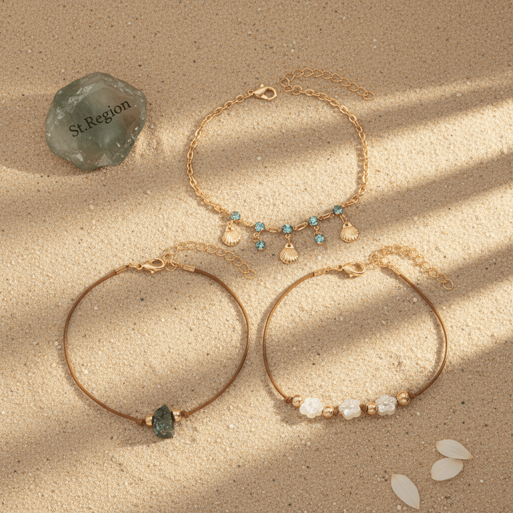 White Resin & Cubic Zirconia Quartz Goldtone Flower Shell Tassel Anklet Set - Street Region