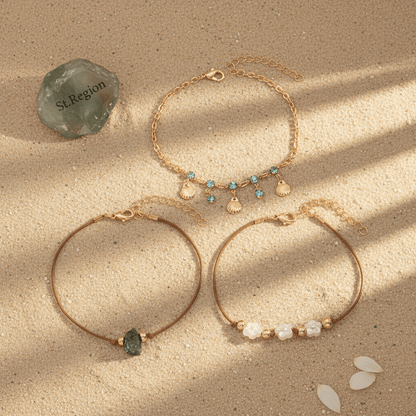 White Resin & Cubic Zirconia Quartz Goldtone Flower Shell Tassel Anklet Set - Street Region
