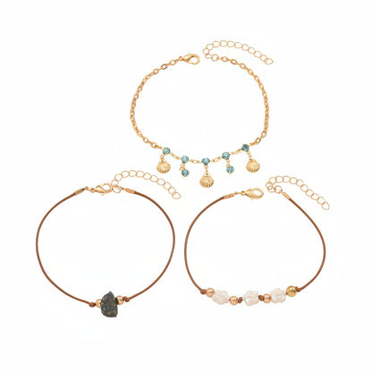 White Resin & Cubic Zirconia Quartz Goldtone Flower Shell Tassel Anklet Set - Street Region