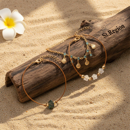 White Resin & Cubic Zirconia Quartz Goldtone Flower Shell Tassel Anklet Set - Street Region