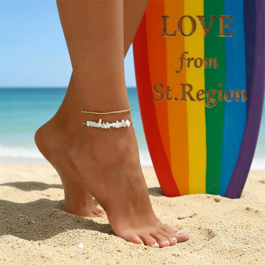 White Turqouise & Acrylic Irregular Beads Stretch Anklet Set - Street Region