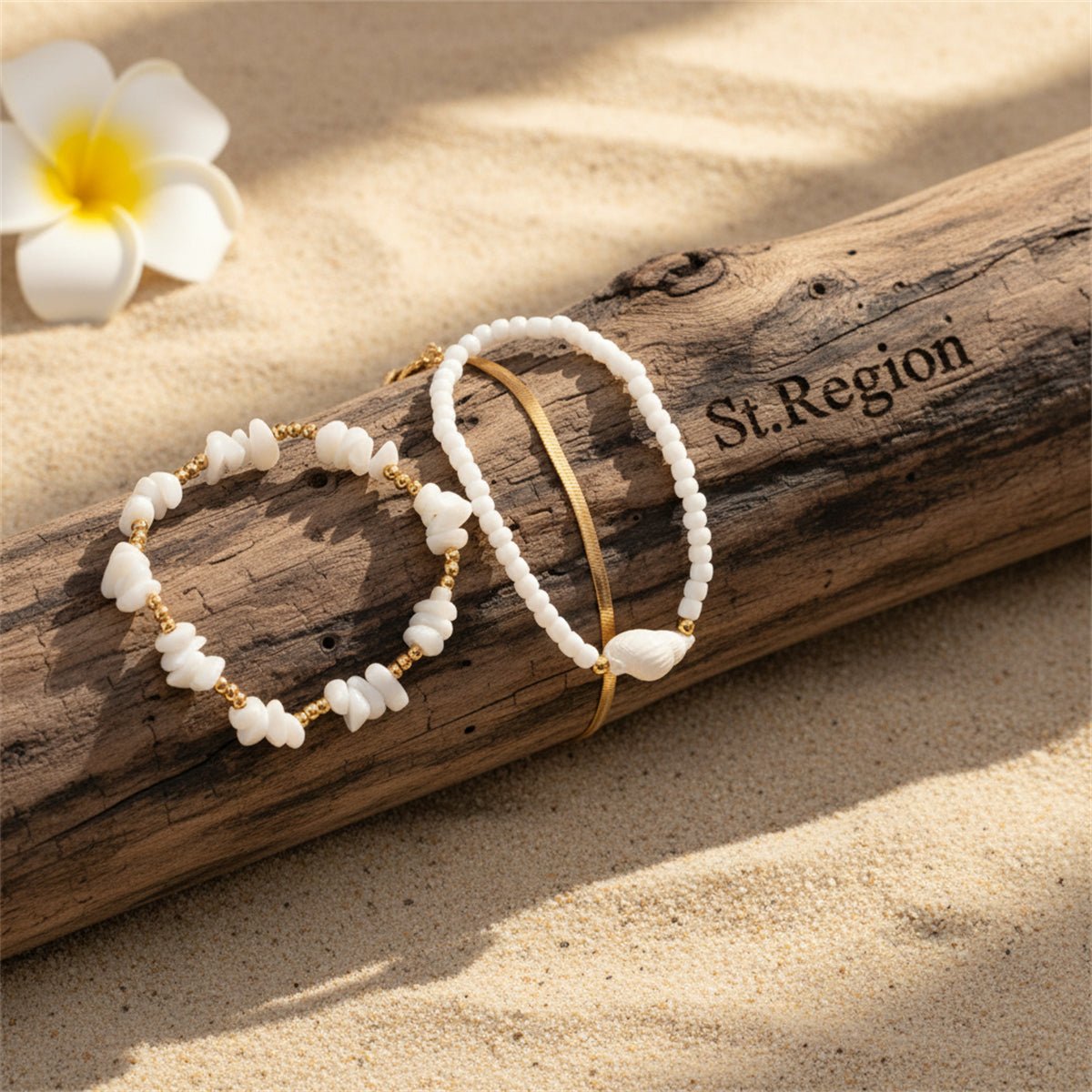 White Turqouise & Howlite Shell Goldtone Stretch Anklet Set - Street Region