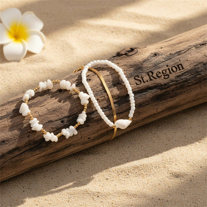 White Turqouise & Howlite Shell Goldtone Stretch Anklet Set - Street Region