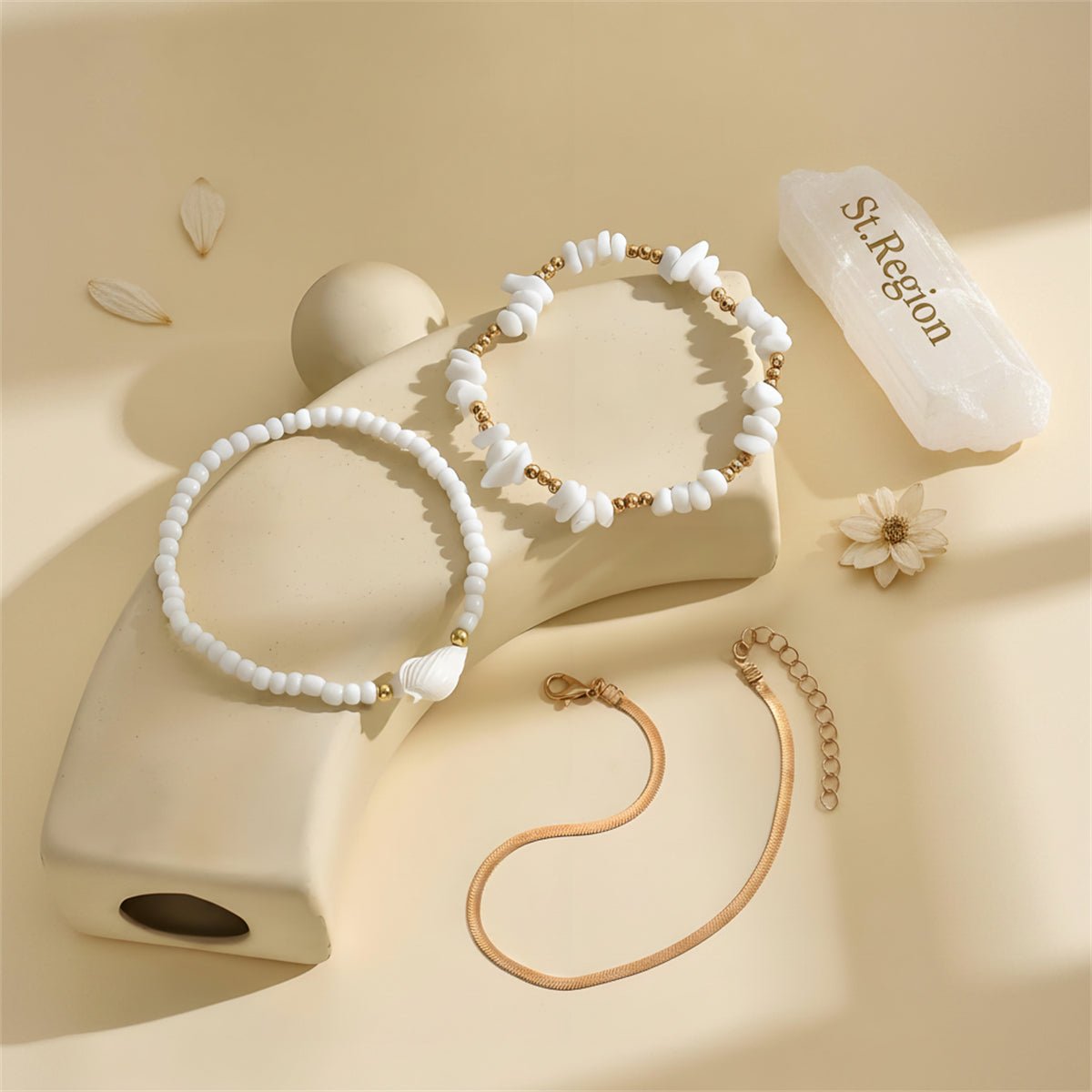 White Turqouise & Howlite Shell Goldtone Stretch Anklet Set - Street Region