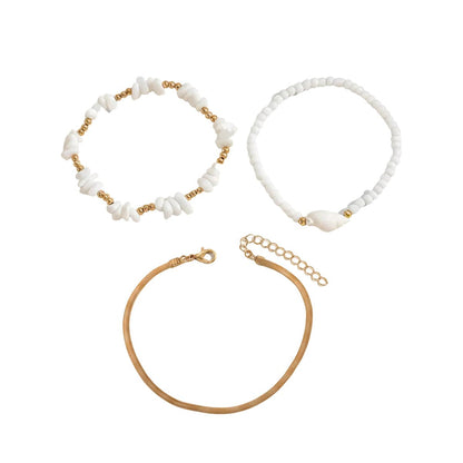 White Turqouise & Howlite Shell Goldtone Stretch Anklet Set - Street Region