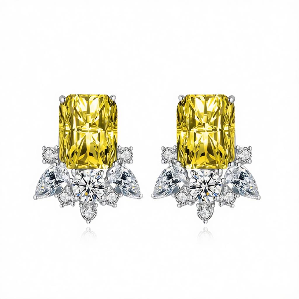 Yellow Crystal and Cubic Zirconia Radiant Stud Earrings, cubic zirconia stud earrings for women, everyday style, side view