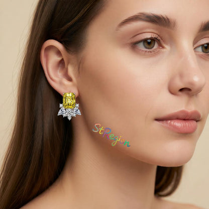 Yellow Crystal and Cubic Zirconia Radiant Stud Earrings, cubic zirconia stud earrings for women, everyday style, styled look