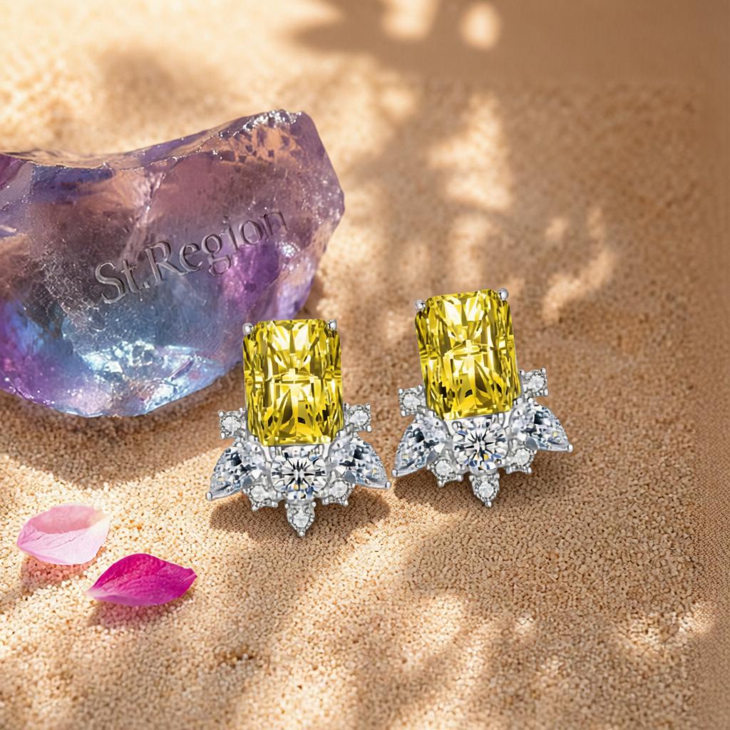Yellow Crystal and Cubic Zirconia Radiant Stud Earrings, cubic zirconia stud earrings for women, detail close-up