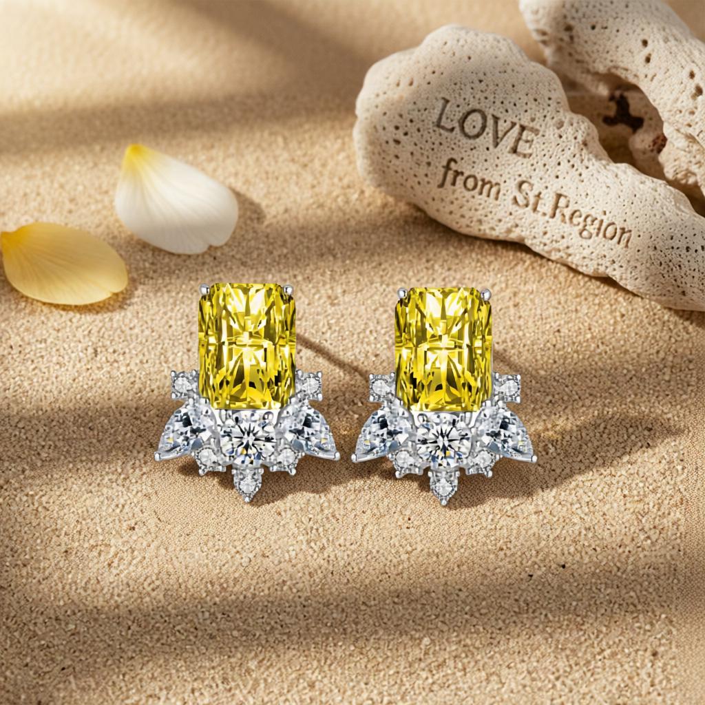 Yellow Crystal and Cubic Zirconia Radiant Stud Earrings, cubic zirconia stud earrings for women, lifestyle look
