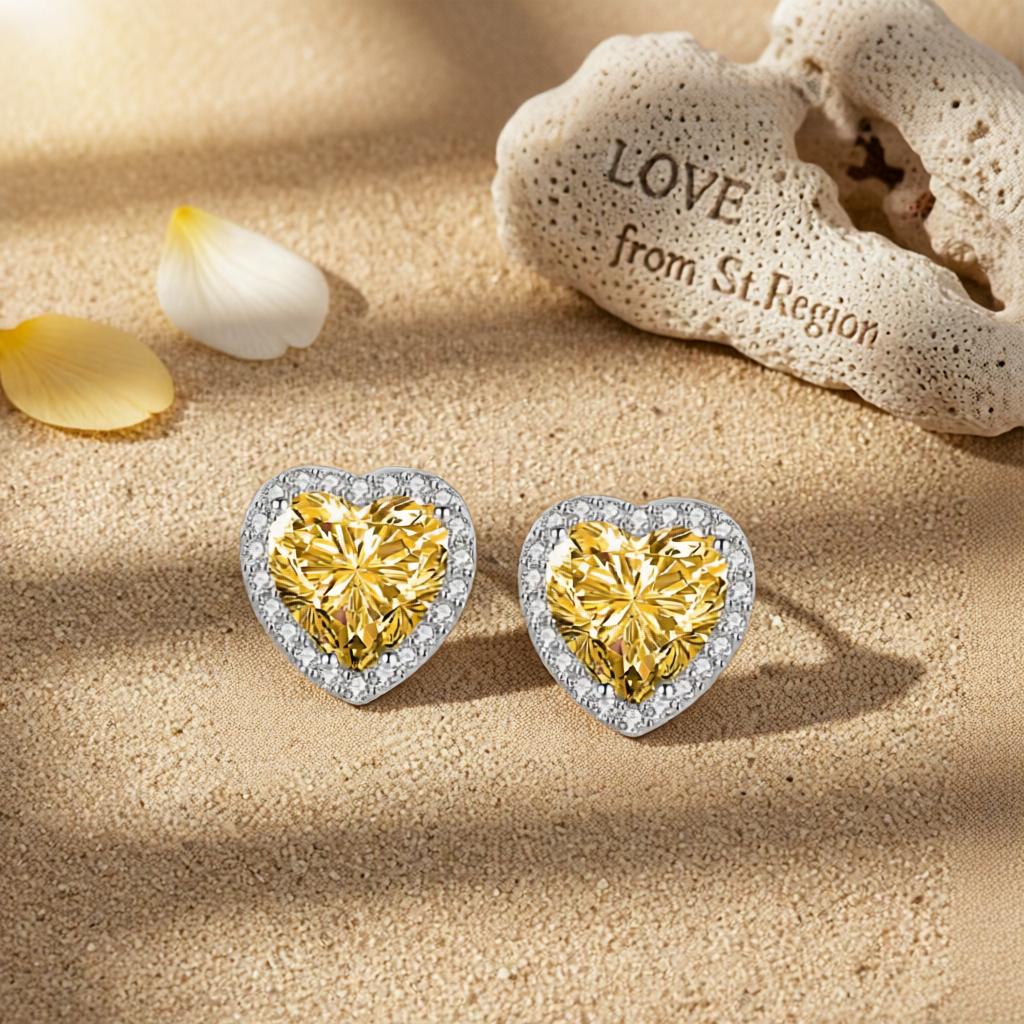 Yellow Crystal and Cubic Zirconia Silvertone Halo Heart Stud Earrings, cubic zirconia stud earrings for women, lifestyle look