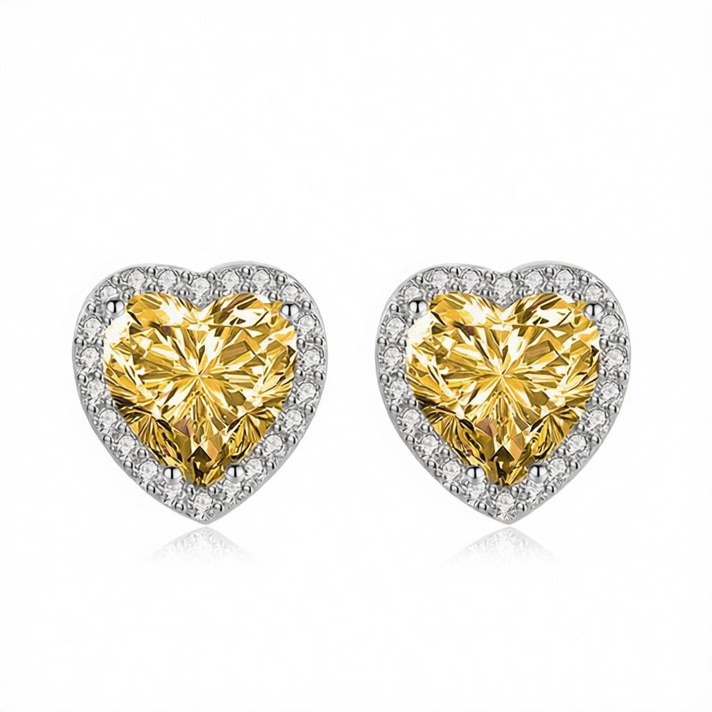 Yellow Crystal and Cubic Zirconia Silvertone Halo Heart Stud Earrings, cubic zirconia stud earrings for women, side view