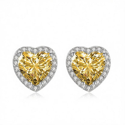 Yellow Crystal and Cubic Zirconia Silvertone Halo Heart Stud Earrings, cubic zirconia stud earrings for women, side view
