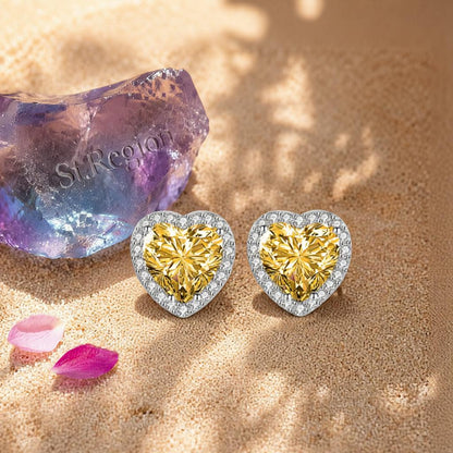 Yellow Crystal and Cubic Zirconia Silvertone Halo Heart Stud Earrings, cubic zirconia stud earrings for women, detail clos...