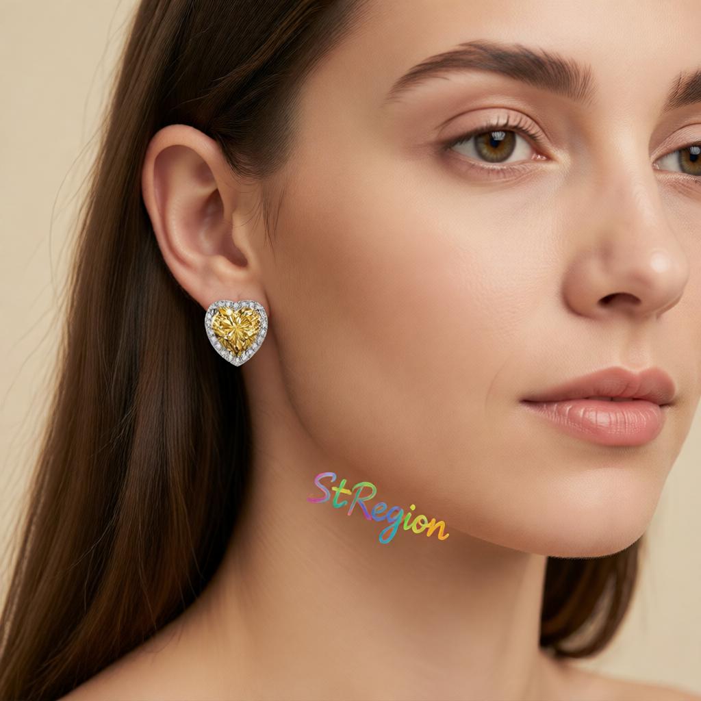Yellow Crystal and Cubic Zirconia Silvertone Halo Heart Stud Earrings, cubic zirconia stud earrings for women, styled look