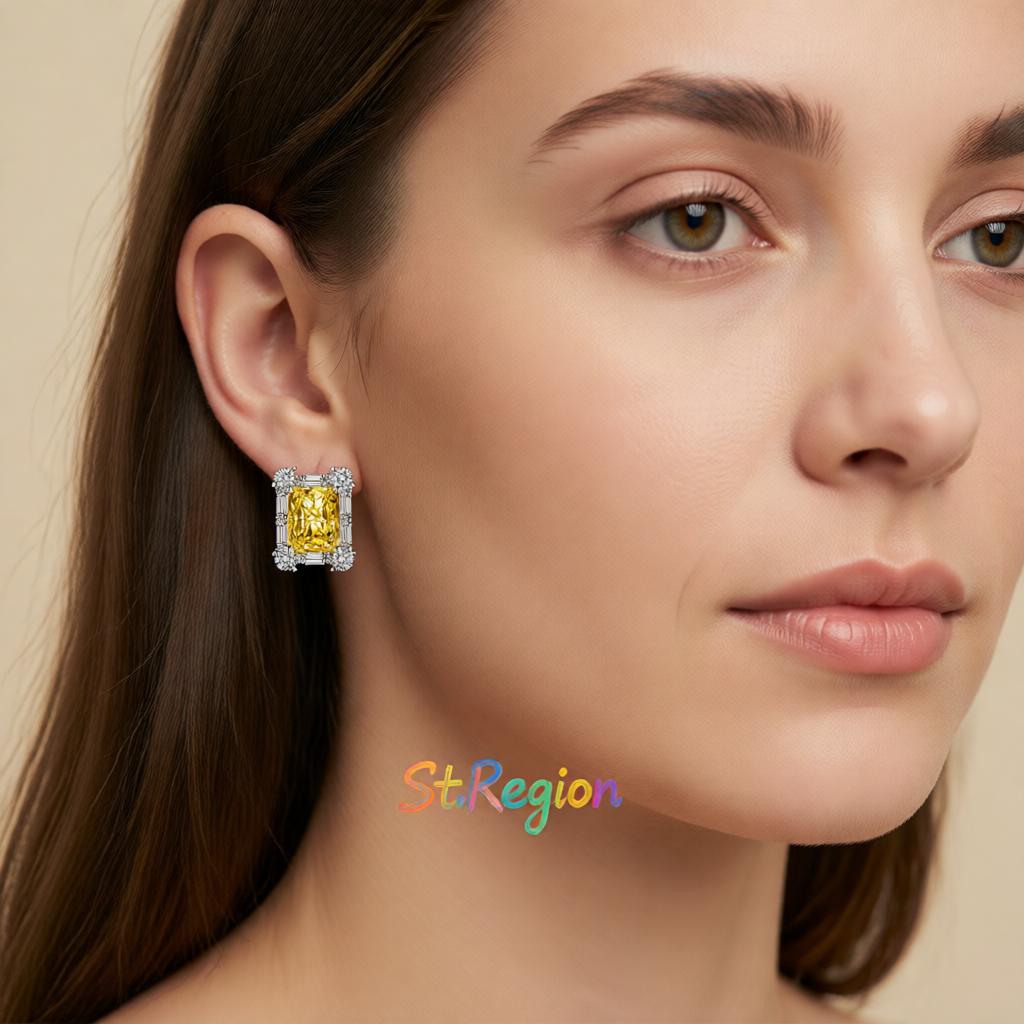 Yellow Crystal and Cubic Zirconia Silvertone Rectangular Stud Earrings, cubic zirconia stud earrings for women, styled look