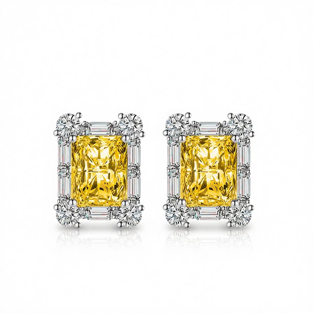 Yellow Crystal and Cubic Zirconia Silvertone Rectangular Stud Earrings, cubic zirconia stud earrings for women, side view