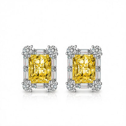 Yellow Crystal and Cubic Zirconia Silvertone Rectangular Stud Earrings, cubic zirconia stud earrings for women, side view