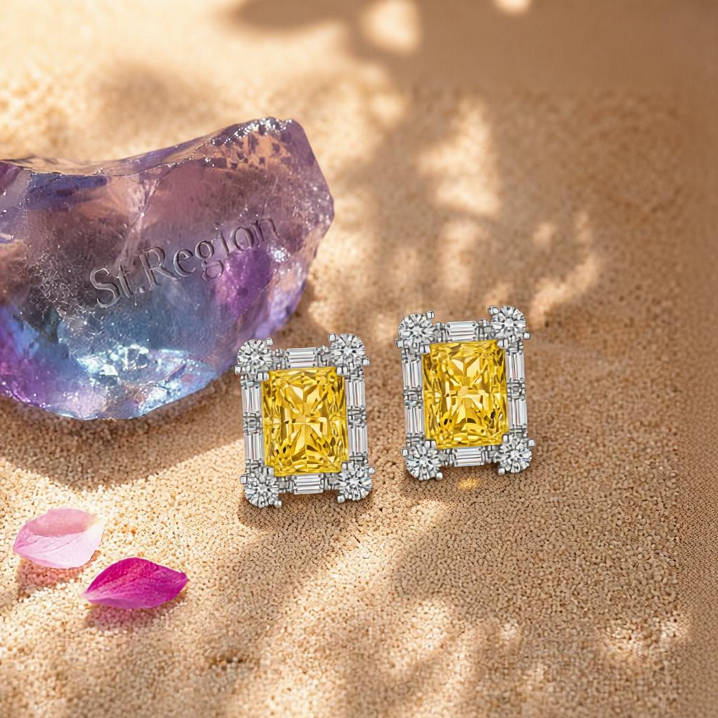 Yellow Crystal and Cubic Zirconia Silvertone Rectangular Stud Earrings, cubic zirconia stud earrings for women, detail clo...