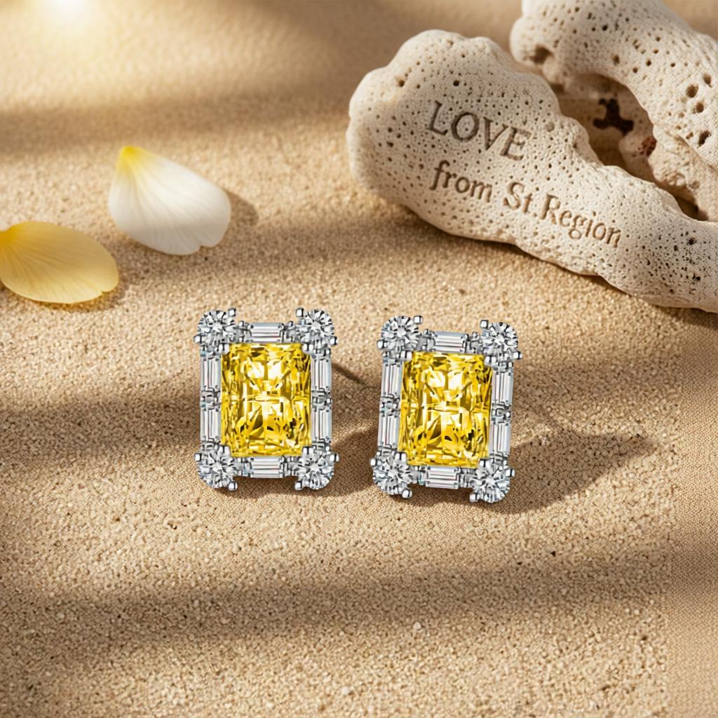 Yellow Crystal and Cubic Zirconia Silvertone Rectangular Stud Earrings, cubic zirconia stud earrings for women, lifestyle...