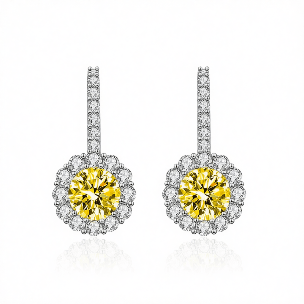 Yellow Crystal and Cubic Zirconia Silvertone Round Dangle Earrings, silver drop earrings for women, side view