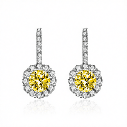 Yellow Crystal and Cubic Zirconia Silvertone Round Dangle Earrings, silver drop earrings for women, side view
