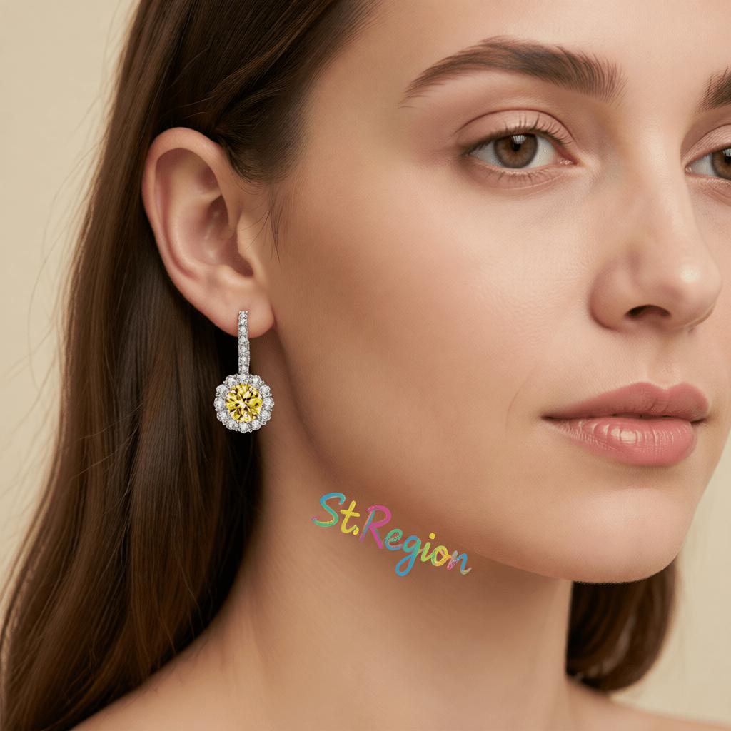 Yellow Crystal and Cubic Zirconia Silvertone Round Dangle Earrings, silver drop earrings for women, styled look