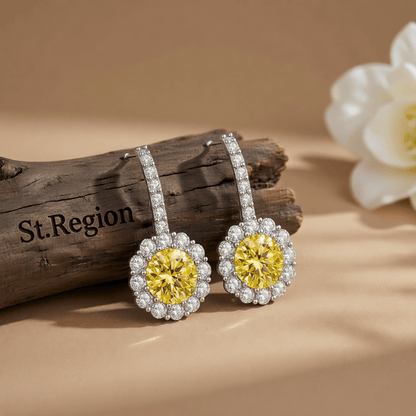 Yellow Crystal and Cubic Zirconia Silvertone Round Dangle Earrings, silver drop earrings for women, front view
