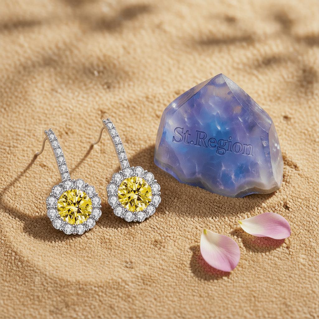 Yellow Crystal and Cubic Zirconia Silvertone Round Dangle Earrings, silver drop earrings for women, detail close-up
