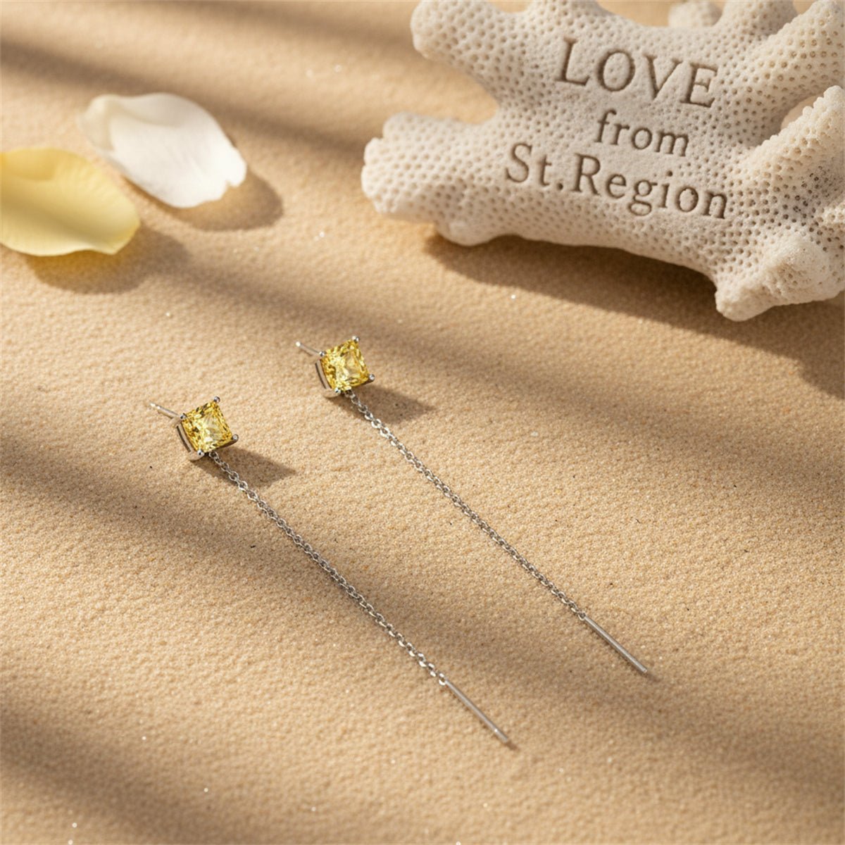 Yellow Crystal and Silvertone Cube Threader Earrings, dainty minimalist design, lifestyle look
