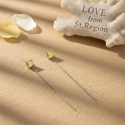 Yellow Crystal and Silvertone Cube Threader Earrings, dainty minimalist design, lifestyle look