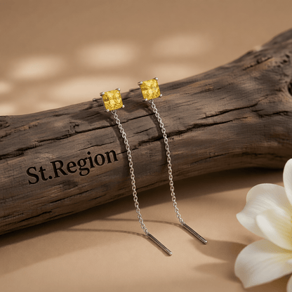 Yellow Crystal and Silvertone Cube Threader Earrings, dainty minimalist design, front view