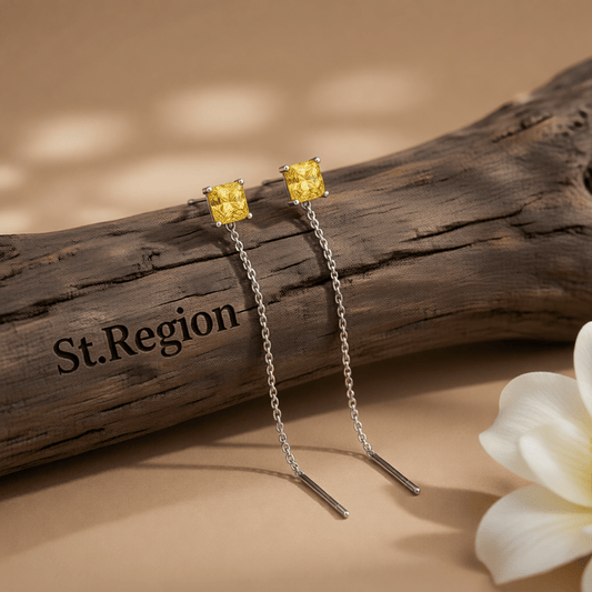 Yellow Crystal & Silvertone Cube Threader Earrings