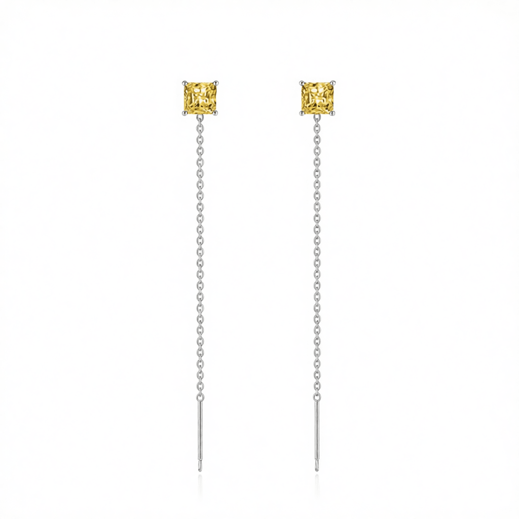 Yellow Crystal and Silvertone Cube Threader Earrings, dainty minimalist design, side view