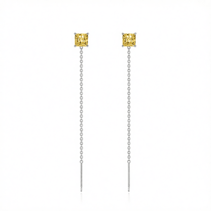 Yellow Crystal and Silvertone Cube Threader Earrings, dainty minimalist design, side view